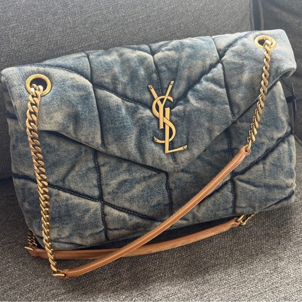 𝐇𝐎𝐋𝐃-🎉𝐇𝐏🎉Authentic St Laurent LouLou Puffer Quilted Denim Bag Rodeo Blue
